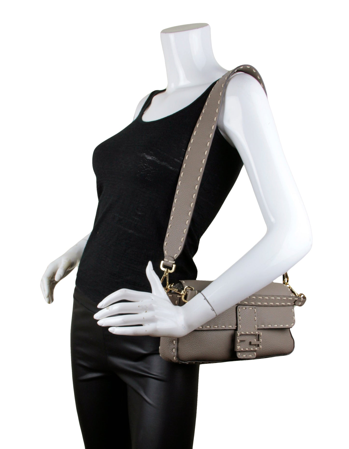 Fendi Grey Selleria Leather NM Baguette Bag w/ Stitched Trim