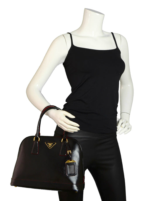 Prada Black/Red Saffiano Vernice Leather Promendade Bag 1BA567