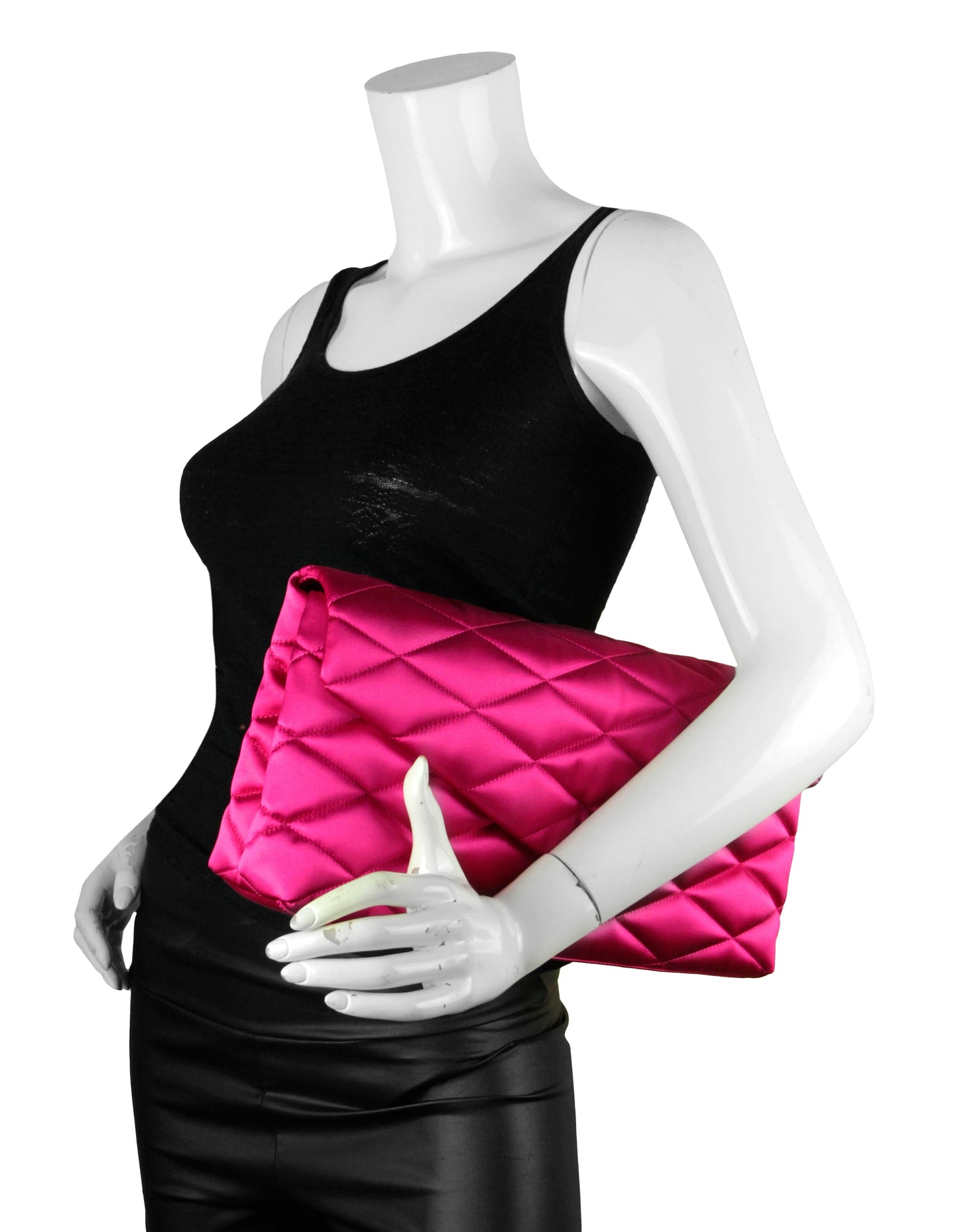 Saint Laurent Lipstick Fuchsia Pink Satin Quilted Large Sade Clutch Bag.