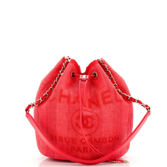 CHANEL Deauville Drawstring Bucket Bag Striped Mixed Fibers Medium