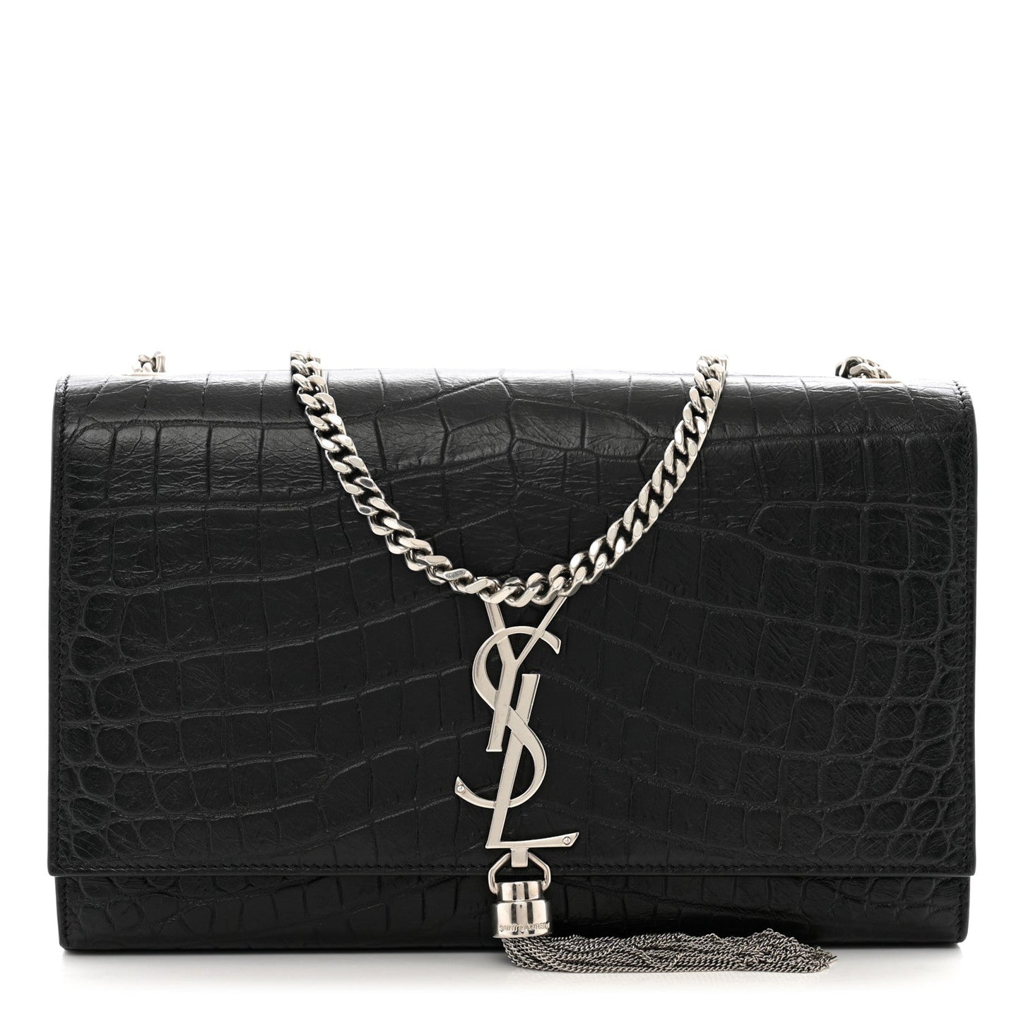 Saint Laurent Calfskin Crocodile Embossed Medium Classic Monogram Kate Tassel Satchel Black