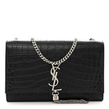 Saint Laurent Calfskin Crocodile Embossed Medium Classic Monogram Kate Tassel Satchel Black