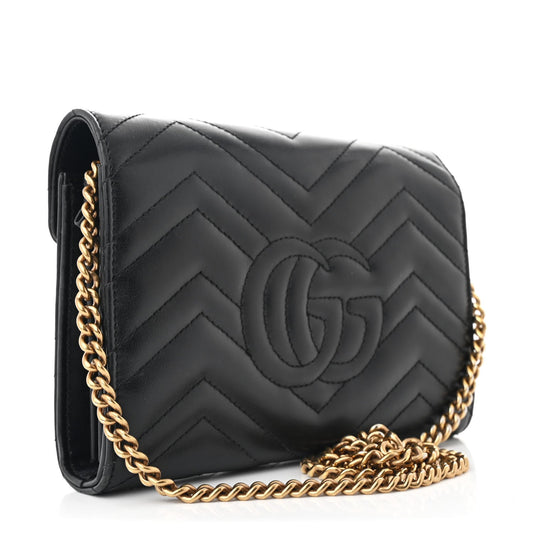 Amelia Calfskin Matelasse GG Marmont Chain Wallet Black