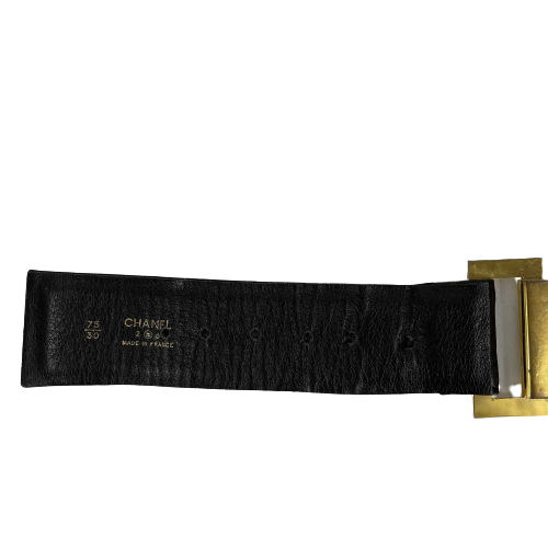 CHANEL   1980's Black Leather and Gold Buckle CC Link Belt