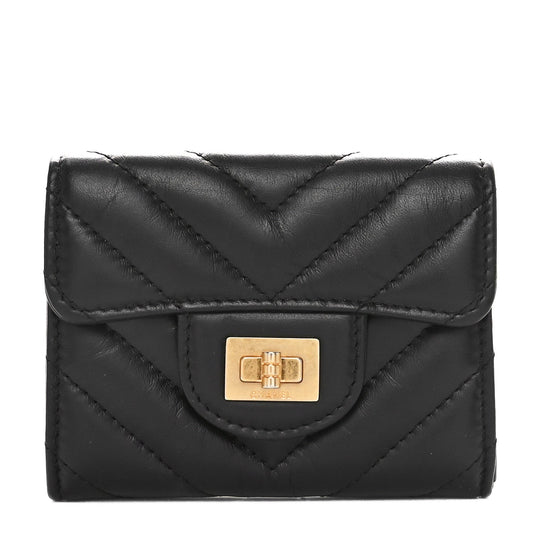 Amelia Aged Calfskin Chevron Quilted Reissue Card Holder Wallet Black