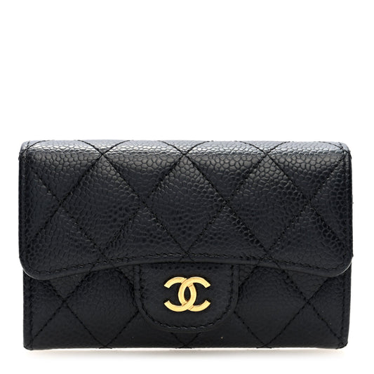 Amelia Caviar Quilted Flap Card Holder Wallet Black