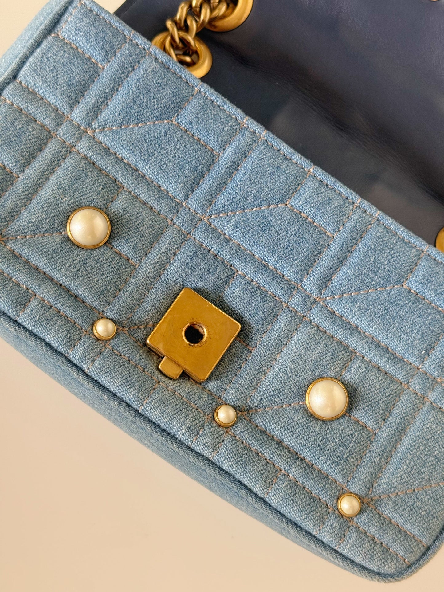Gucci Denim Matelasse Pearl Studded GG Marmont Shoulder Bag Limited Edition