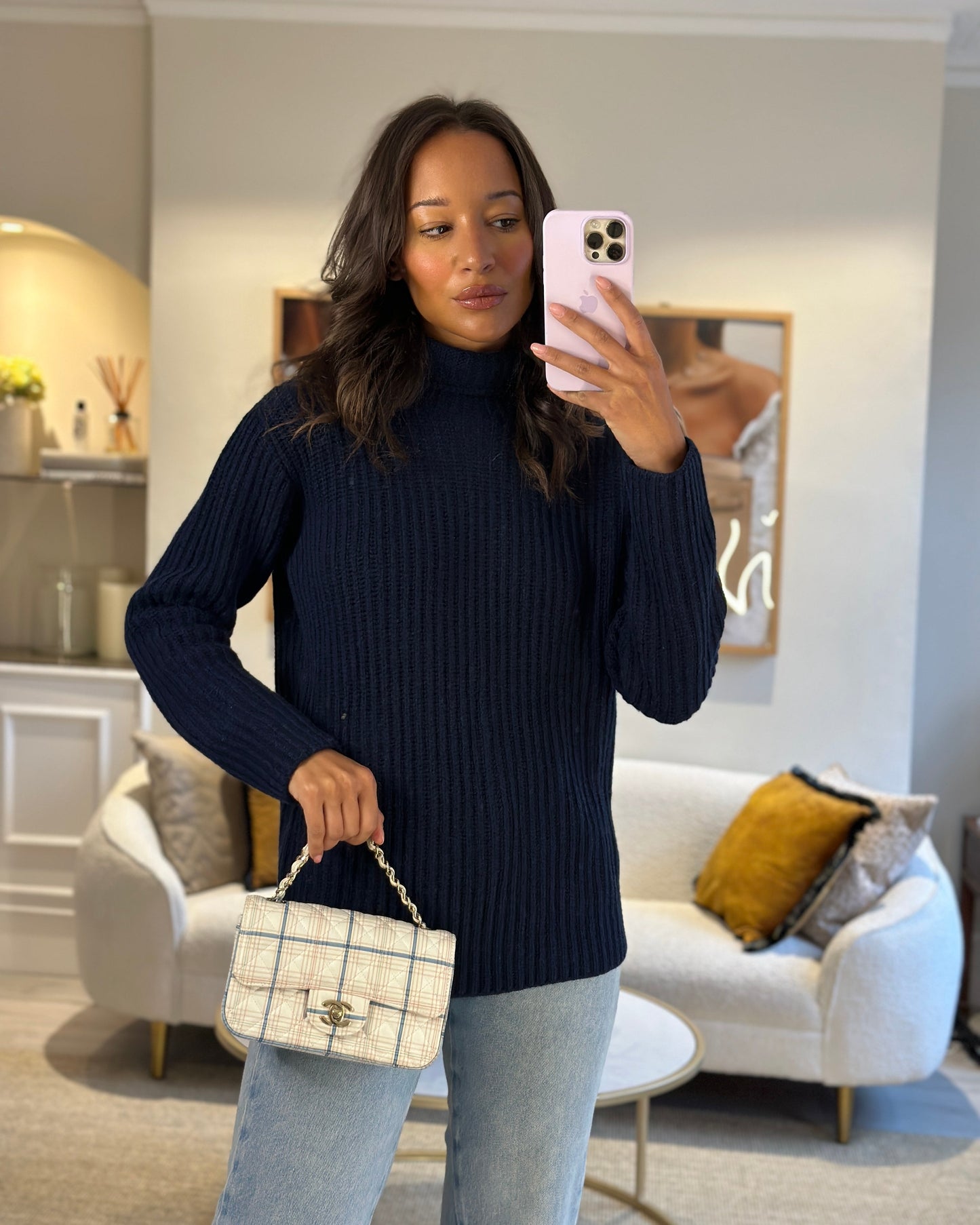 Chanel White Checked Lambskin Mini Flap Bag with Champagne Gold Hardware