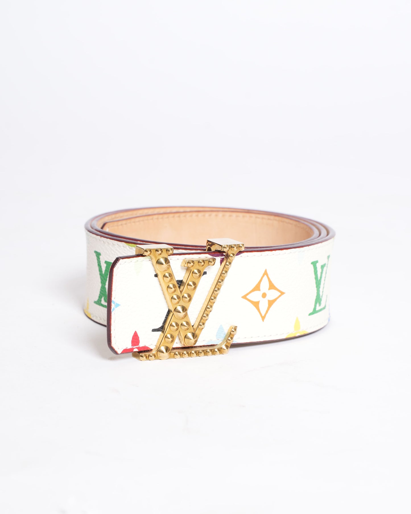 Louis Vuitton White Multicolor Monogram Canvas Studded Buckle Belt
