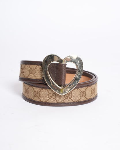 Gucci Beige GG Canvas and Leather Heart Buckle Belt