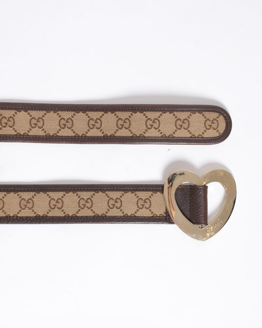 Gucci Beige GG Canvas and Leather Heart Buckle Belt