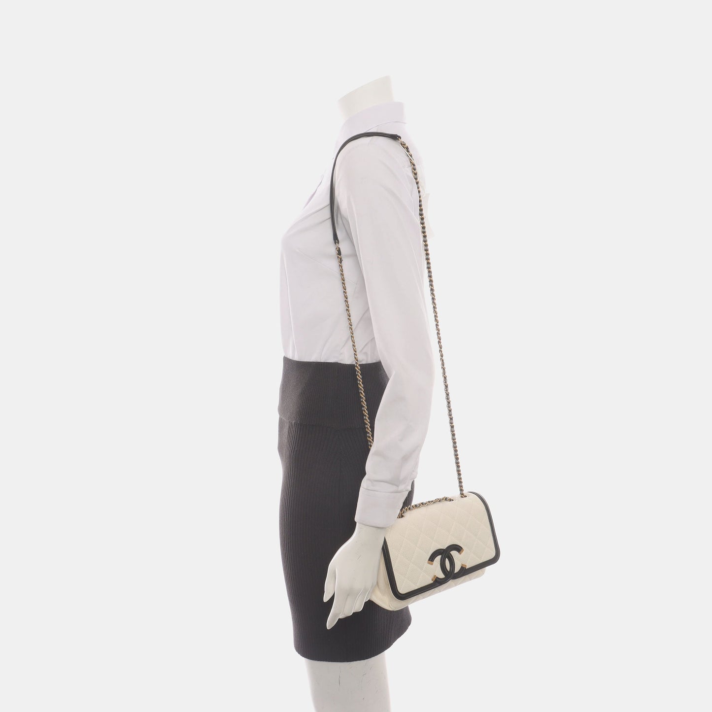 Chanel Filigree Flap Bag Caviar Leather Small White with Black Trim