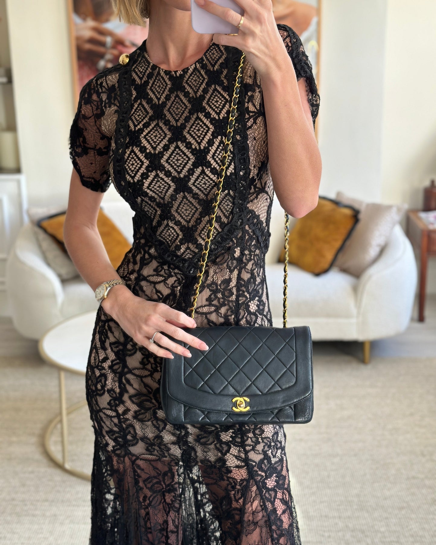 Chanel   Navy Diana Quilted Flap Bag in Lambskin Leather with 24K Gold Hardware