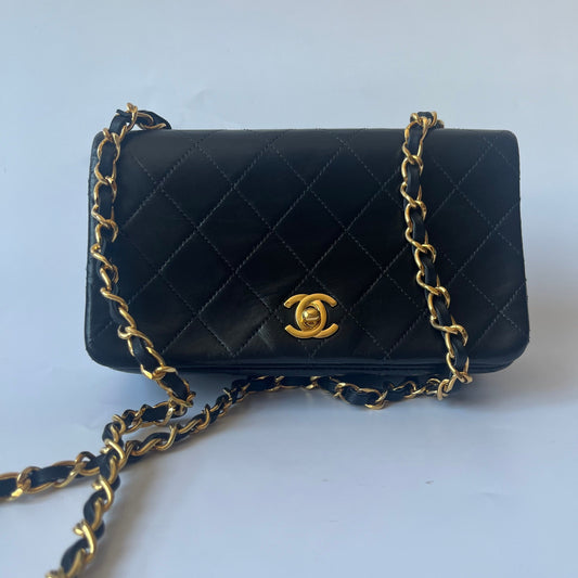 Chanel Classic Flap Mini   1989-1991 Black Lambskin Leather with 24k Gold Hardware
