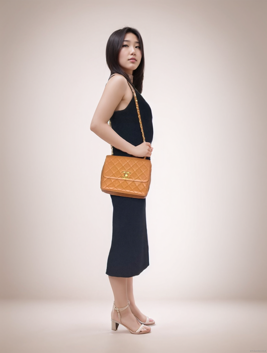 Chanel Classic Flap   Camel Caviar Leather 24k Gold Plated Giant CC Logo