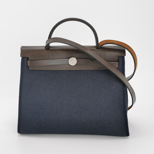 Hermes Herbag 31 Navy Canvas Brown Leather Crossbody Bag