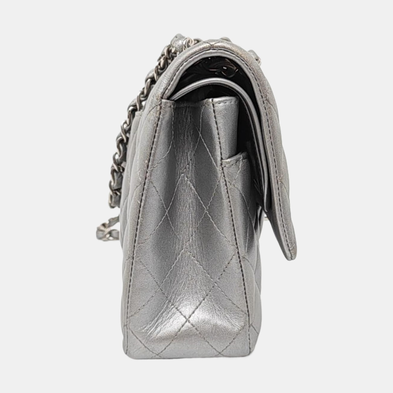 Chanel Classic Flap Medium Silver Grey Lambskin Leather Silver Hardware