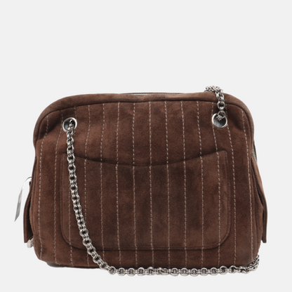 Chanel Mademoiselle Camera Bag Chocolate Brown Suede Silver Chain 2005-2006