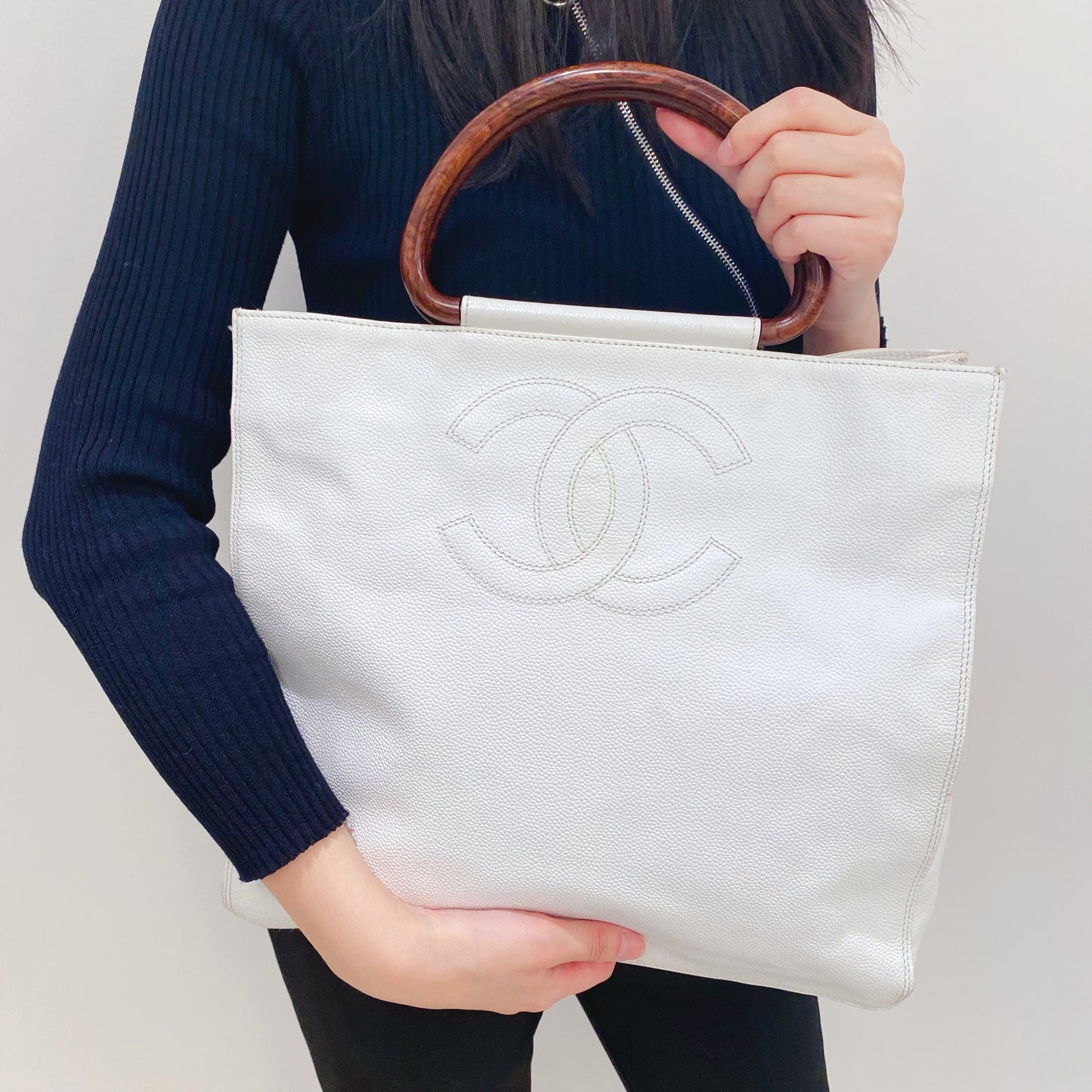 Chanel   Caviar Wood Handle Tote