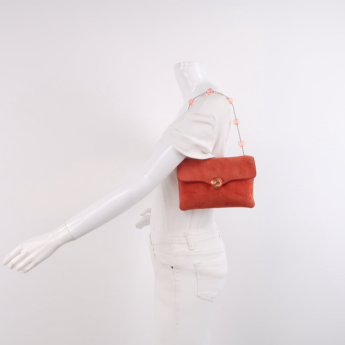 Chanel Coral Red Suede Flap Envelop Bag   Square Quilted Beads Strap