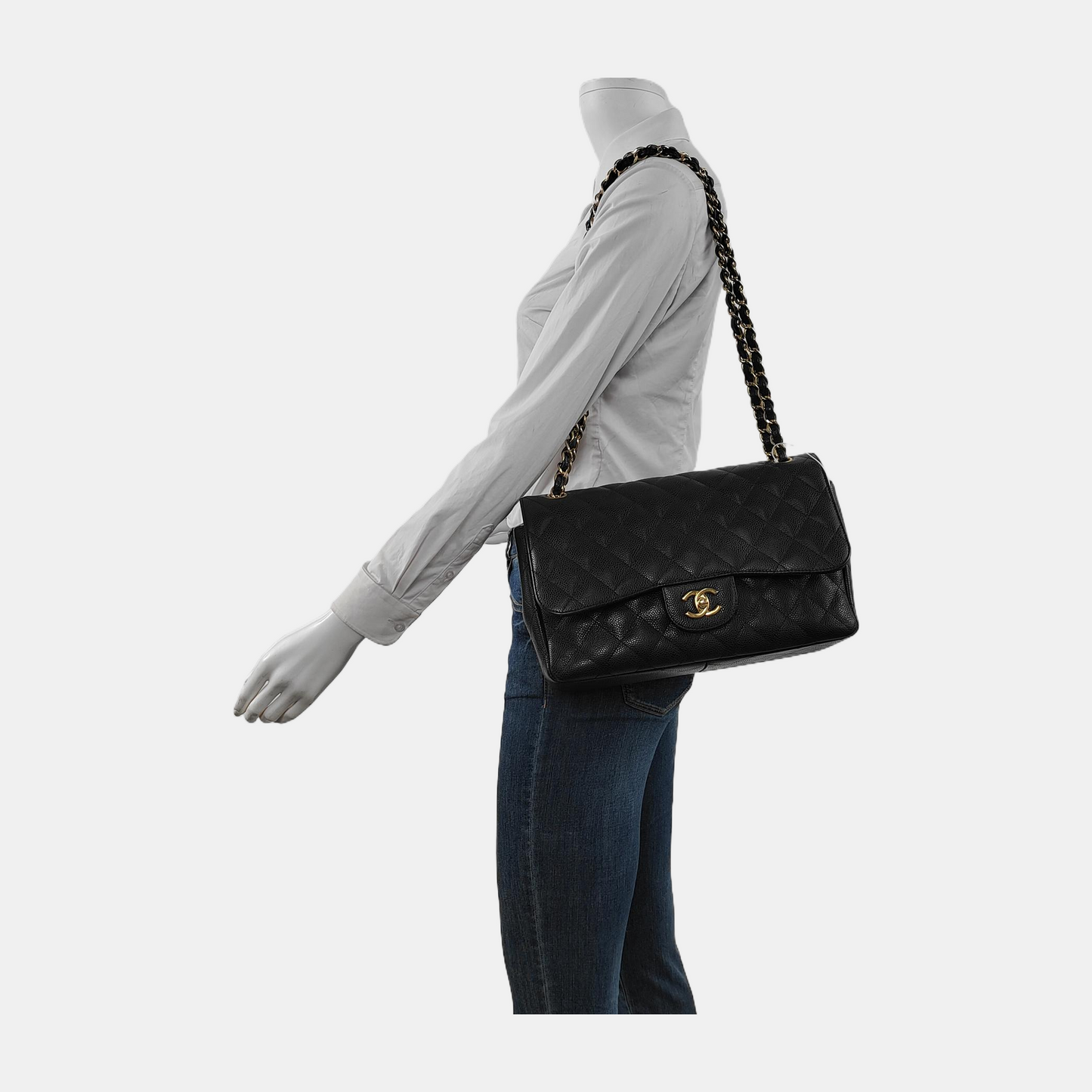 Chanel Classic Flap Jumbo Black Caviar Leather Double Flap with Gold Hardware