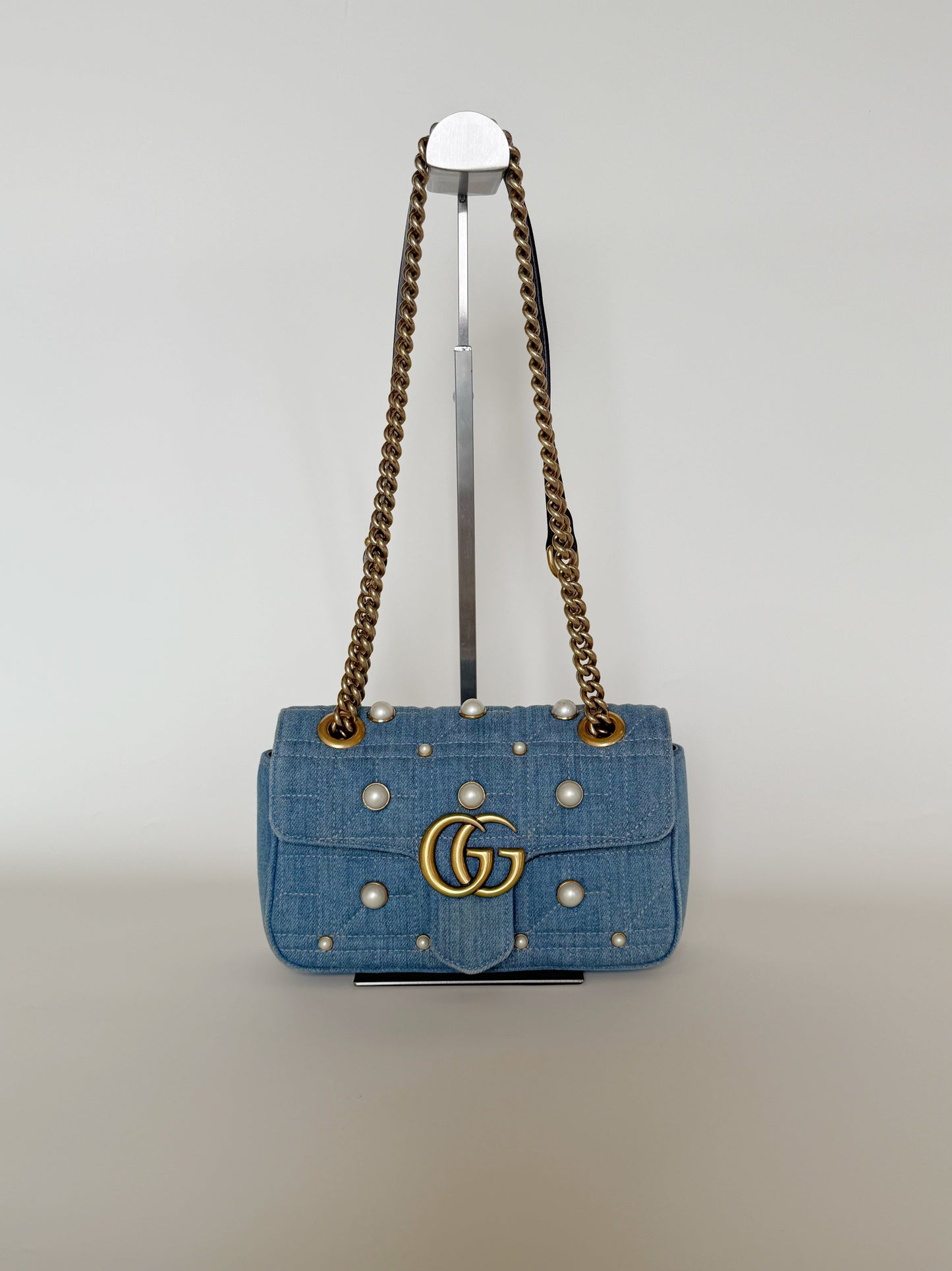 Gucci Denim Matelasse Pearl Studded GG Marmont Shoulder Bag Limited Edition