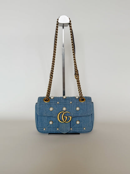 Gucci Denim Matelasse Pearl Studded GG Marmont Shoulder Bag Limited Edition
