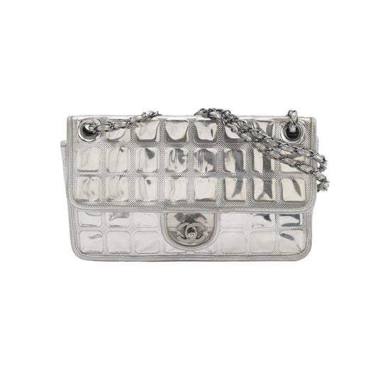 Chanel Ice Cube Chocolate Bar Classic Flap Metallic Silver PVC with Leather