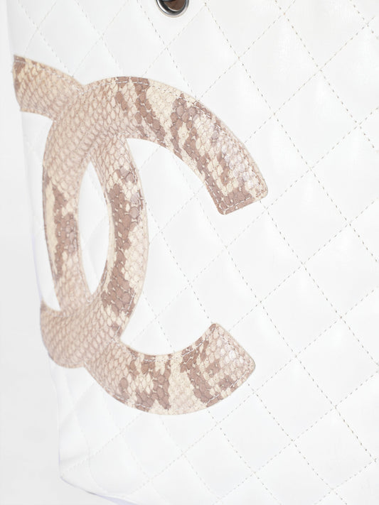 Chanel White Quilted Leather & Python Ligne Cambon Tote