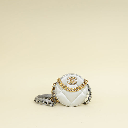 Chanel Metallic Gray 19 Round Mini Clutch w/ Chain