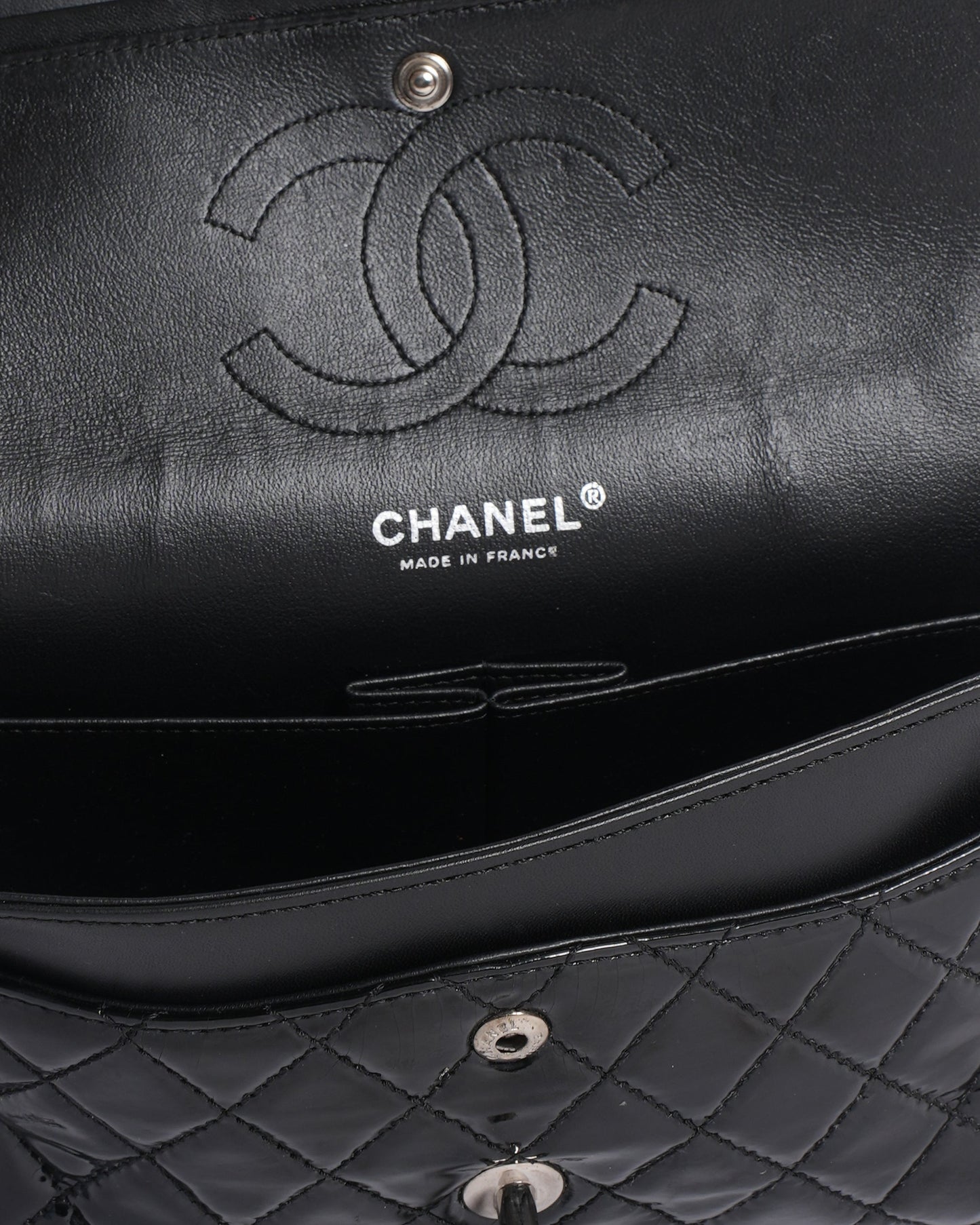 Chanel black medium classic flap bag in patent leather