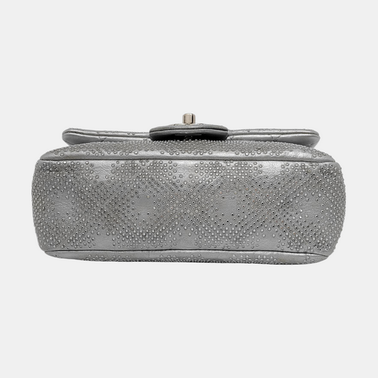 Chanel Classic Flap Mini Rectangular Silver Lambskin With Studs Silver Hardware