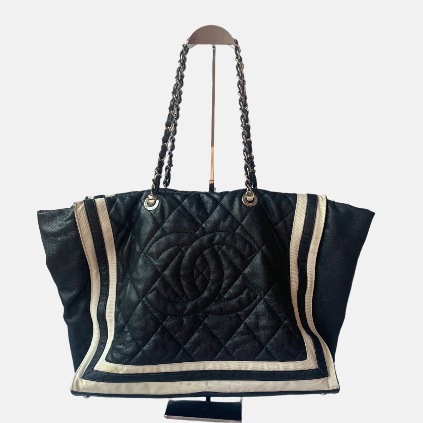 Chanel CC Shopping Tote Medium Cannage Lambskin Leather Navy with White Stripes
