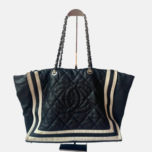 Chanel CC Shopping Tote Medium Cannage Lambskin Leather Navy with White Stripes