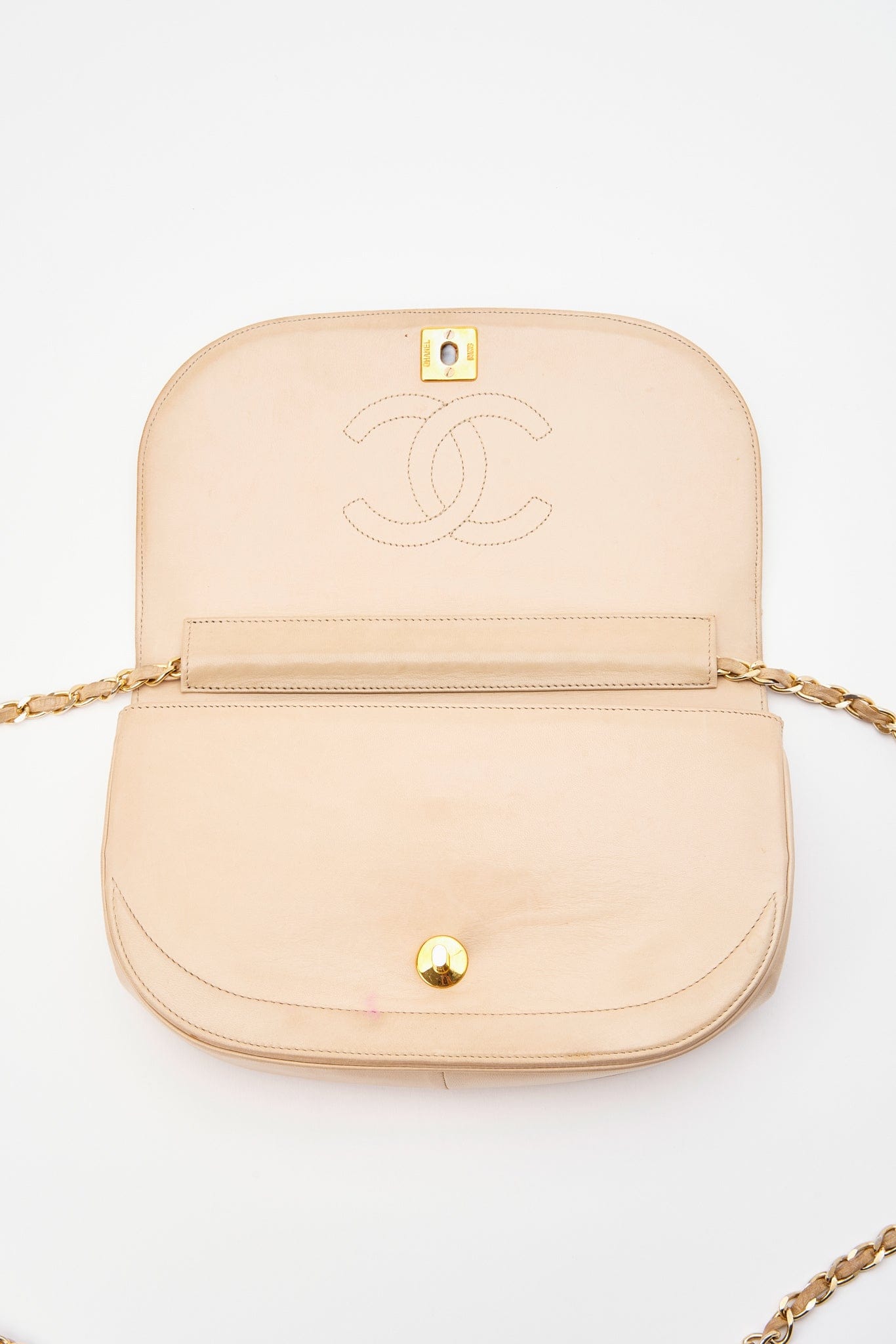 Chanel Half Moon Cream Leather Flap Bag With 24K Gold Plated Hardware