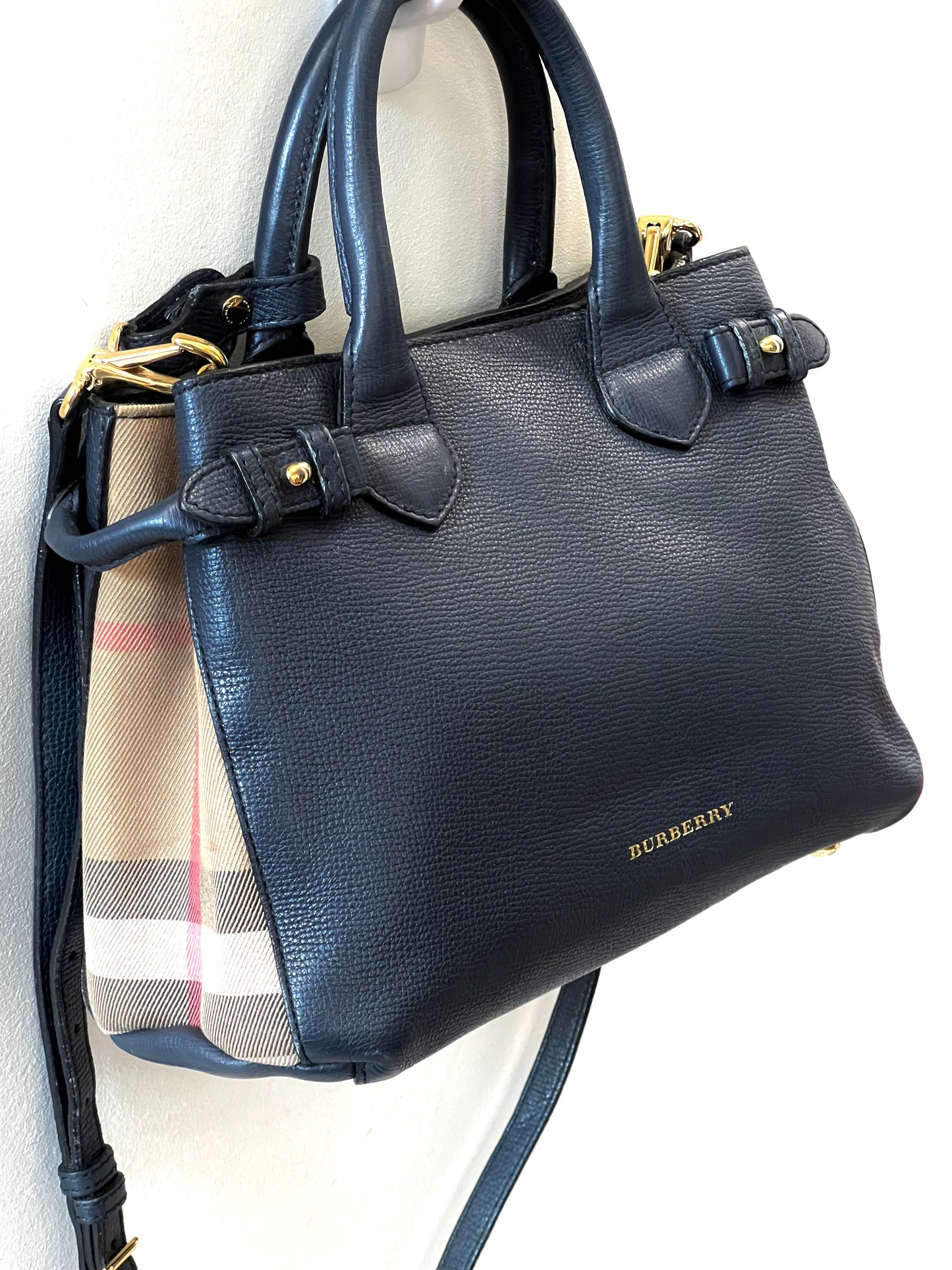 BURBERRY BANNER LEATHER & HO  CHECK TOTE BAG
