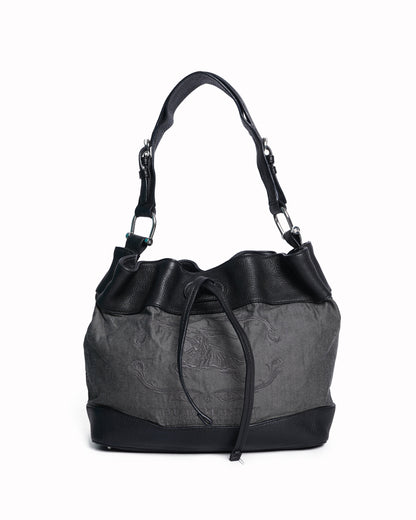 Burberry 1856 black leather and canvas drawstring bucket bag