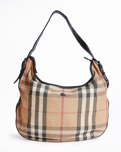 Burberry Gold/Black Check Canvas and Leather Hobo