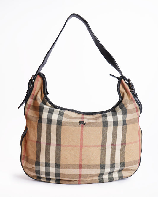 Burberry Gold/Black Check Canvas and Leather Hobo
