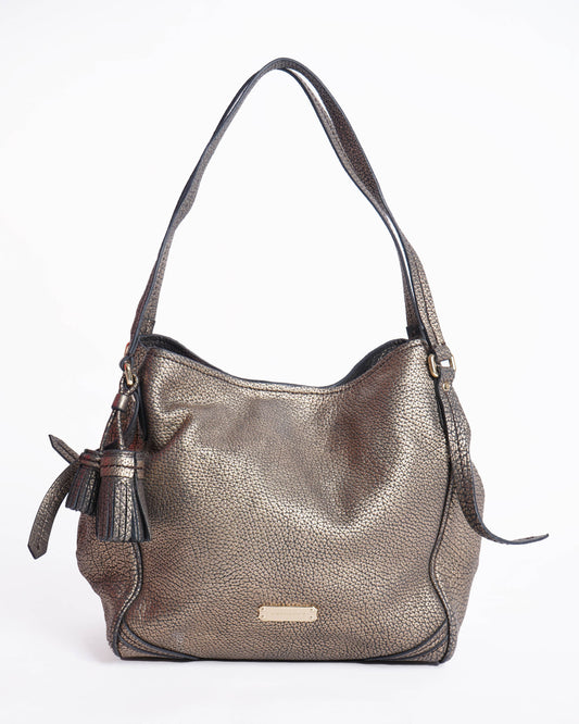 Burberry Metallic Gold Pebbled Leather Small Tassel Canterbury Tote