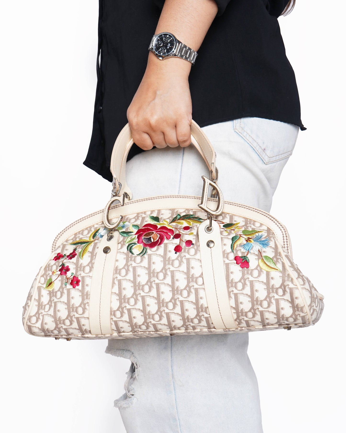 Christian Dior Diorissimo Canvas & Leather Floral Embroidered Trotter Satchel