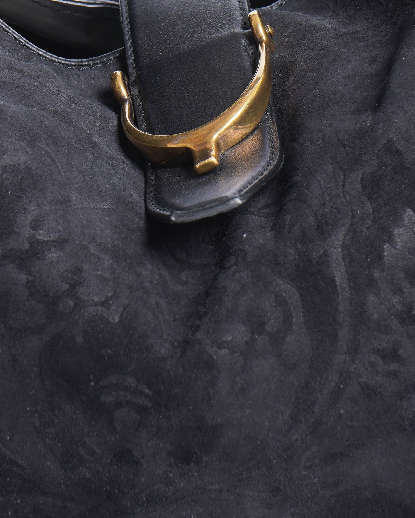 Gucci black brocade suede and leather stirup hobo bag