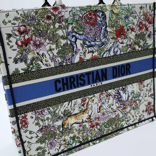 DIR1286 Book Tote green WHITE blue BIG size 41.5cm 36.5cm Embroidery