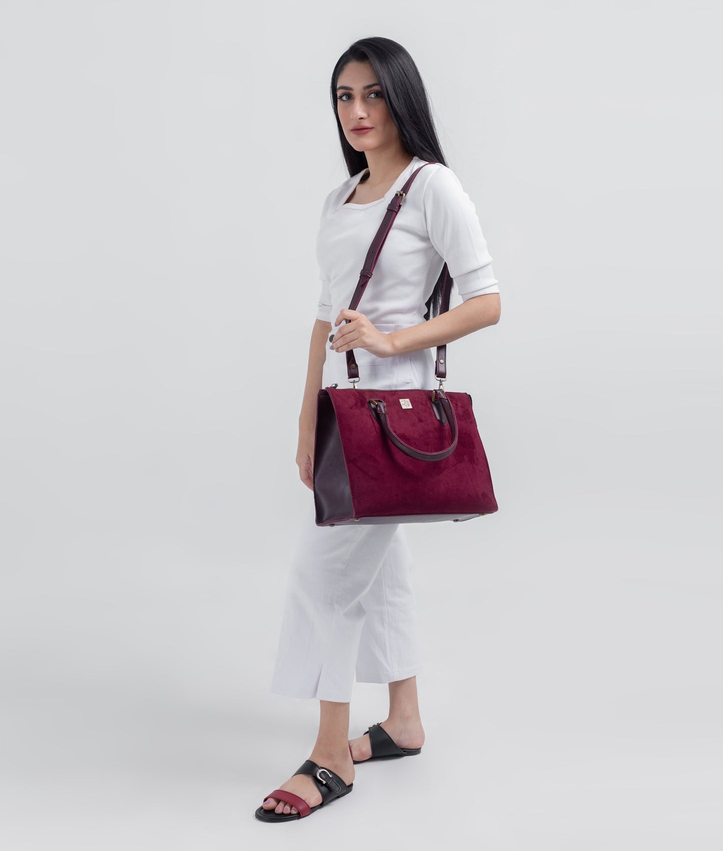 Burgundy suede workplace handbag