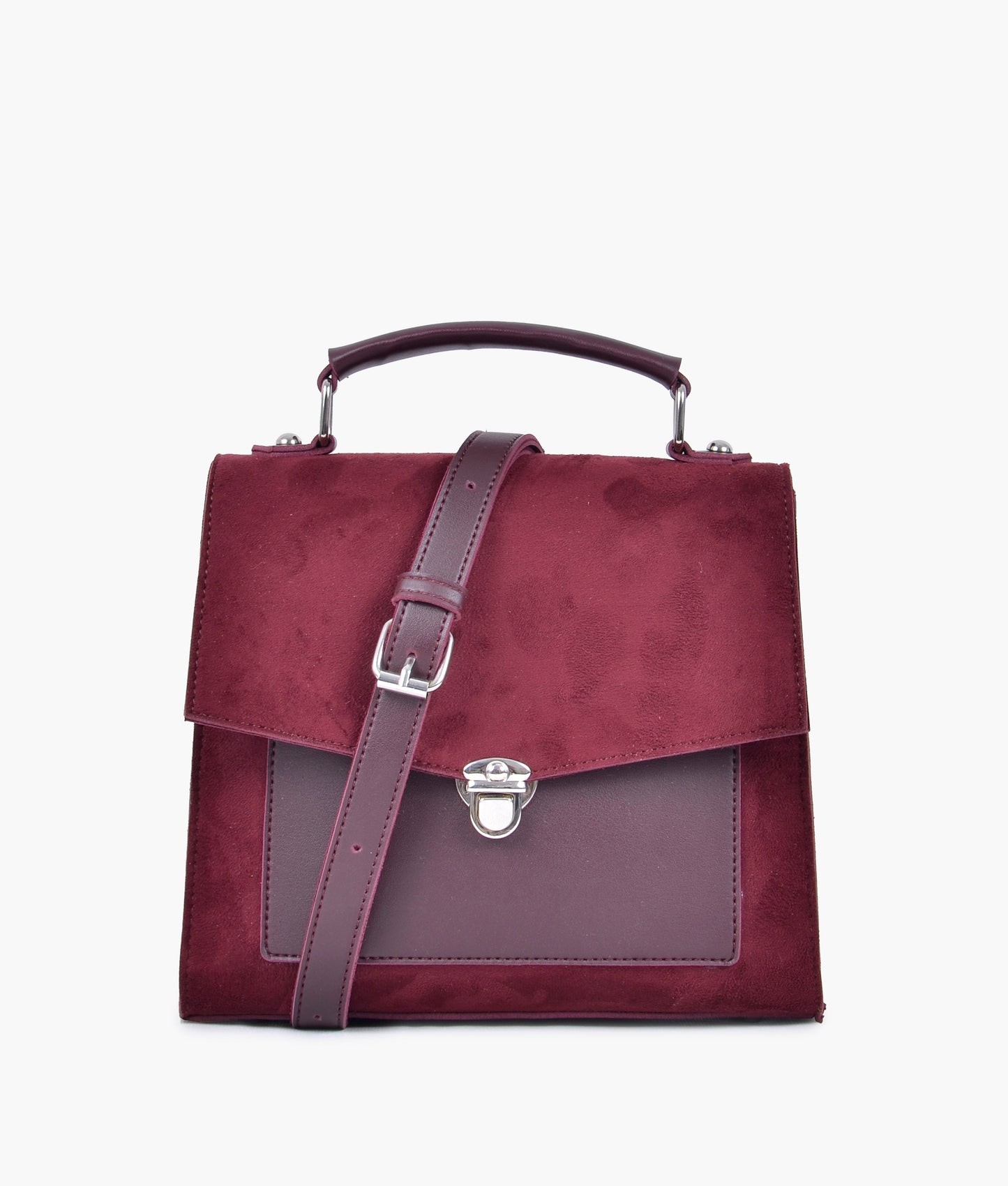 Burgundy suede push-lock messenger bag