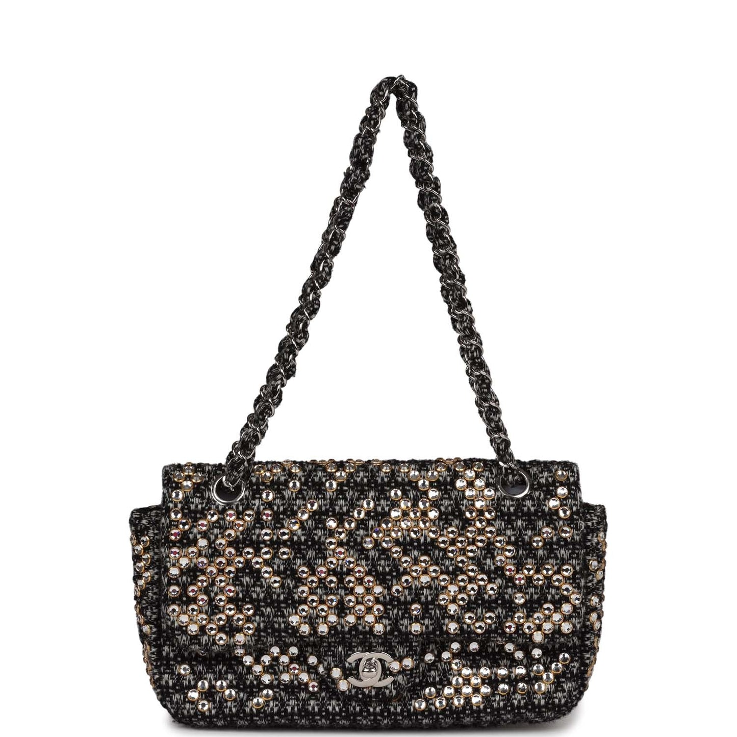 Chanel Medium Single Flap Black and White Tweed With Crystals Silver Hardware