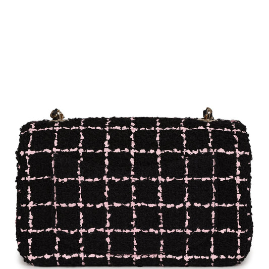 Chanel Mini Camellia Closure Flap Black and Pink Tweed Gold Hardware