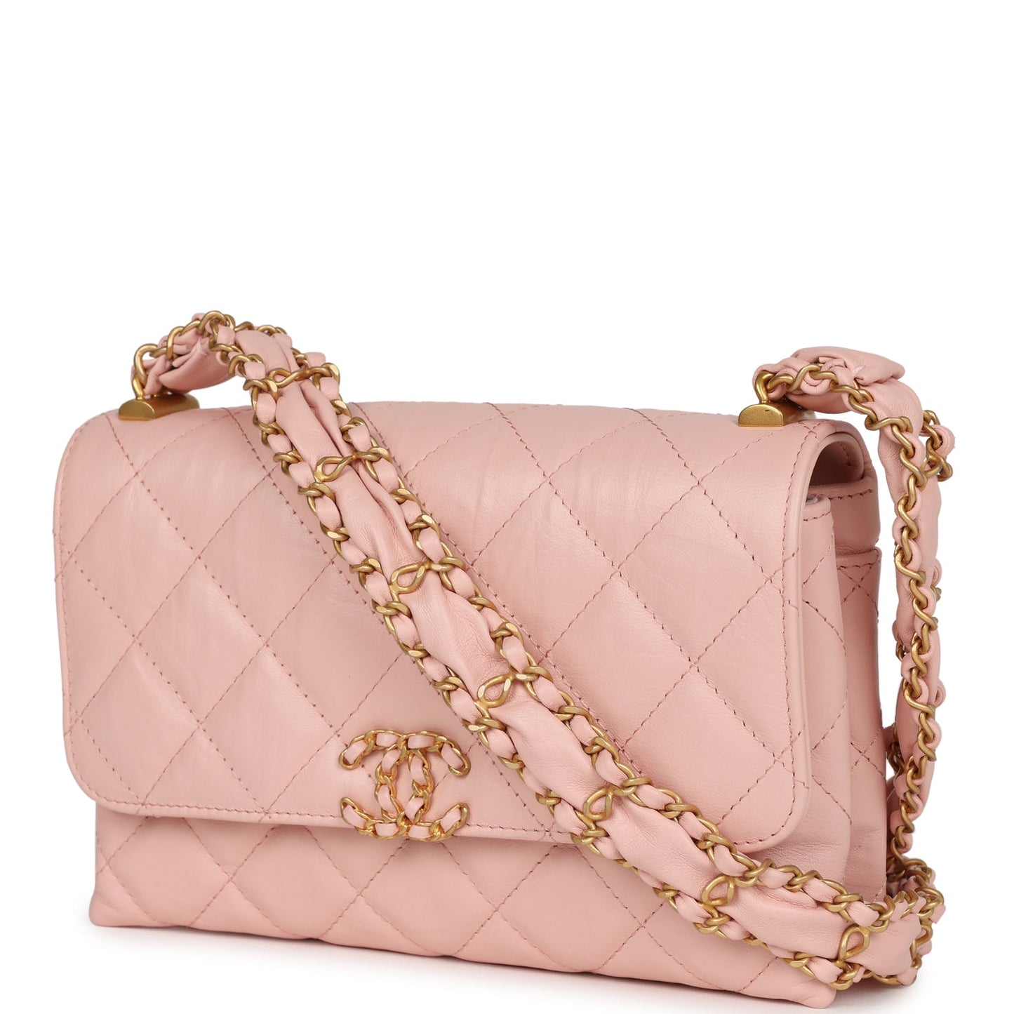 Pre-owned Chanel 19 Mini Flap Light Pink Aged Calfskin Brushed Gold Hardware