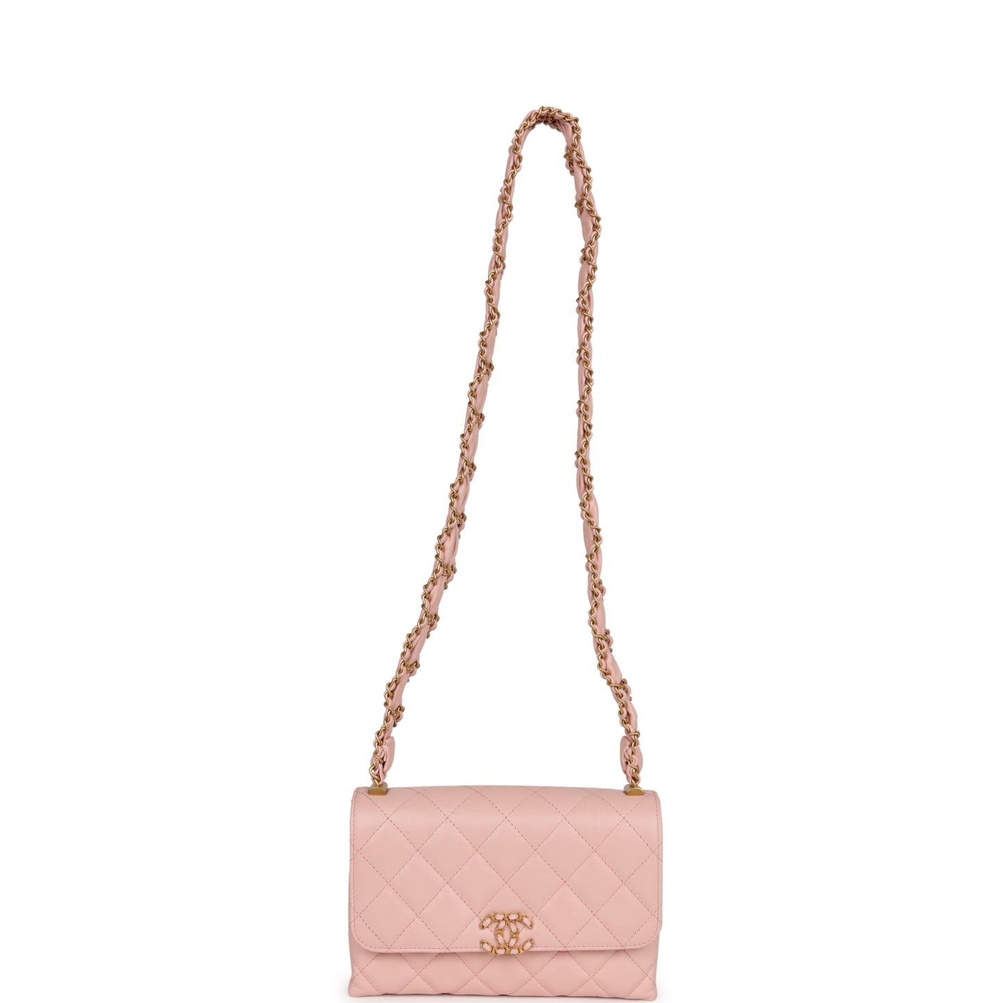 Pre-owned Chanel 19 Mini Flap Light Pink Aged Calfskin Brushed Gold Hardware