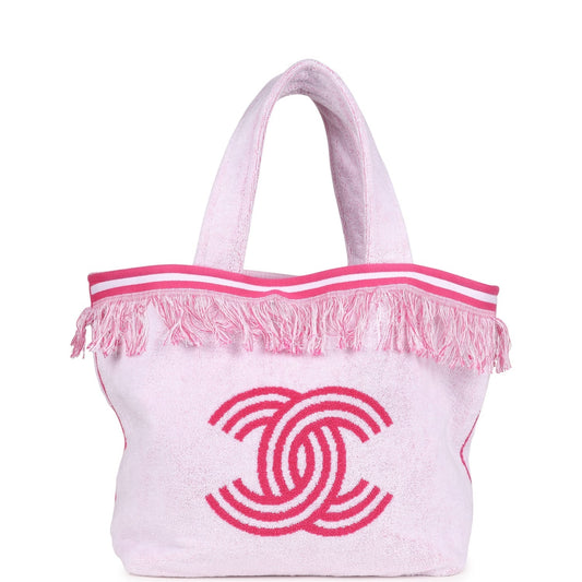 Chanel CC Beach Tote Bag & Towel Set Pink & White Canvas & Terry
